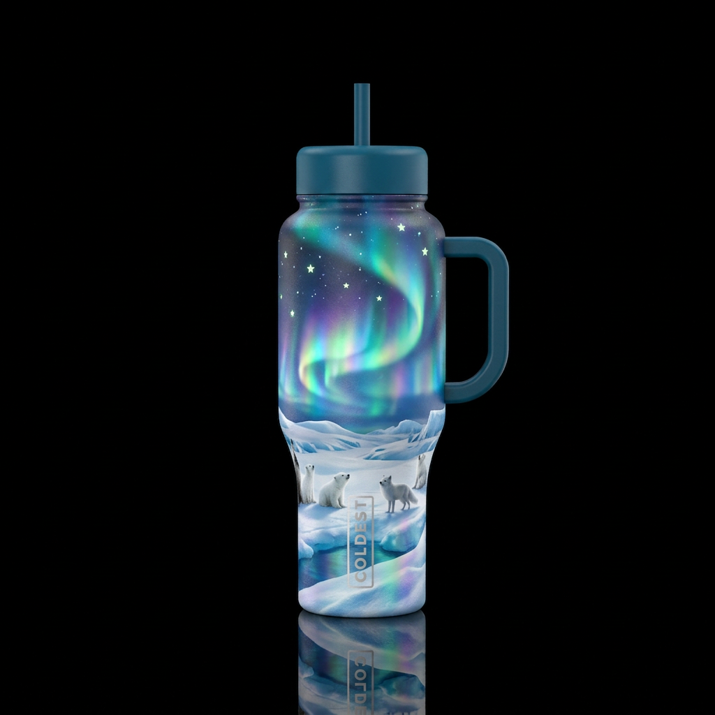 Create a winter scene, with holographic northern l... water bottle design
