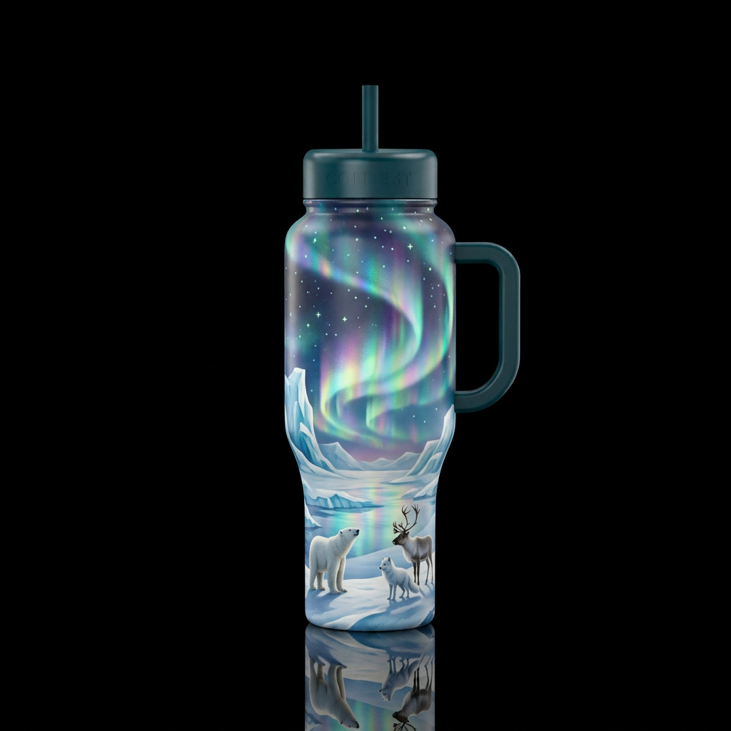 Create a winter scene, with holographic northern l... water bottle design