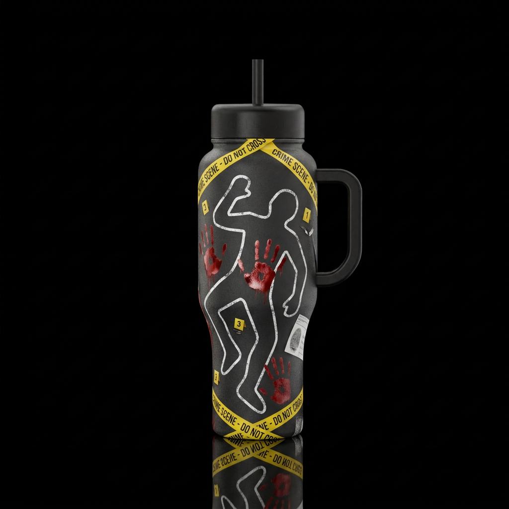 Create a crime scene, with a chalk body outline, b... water bottle design