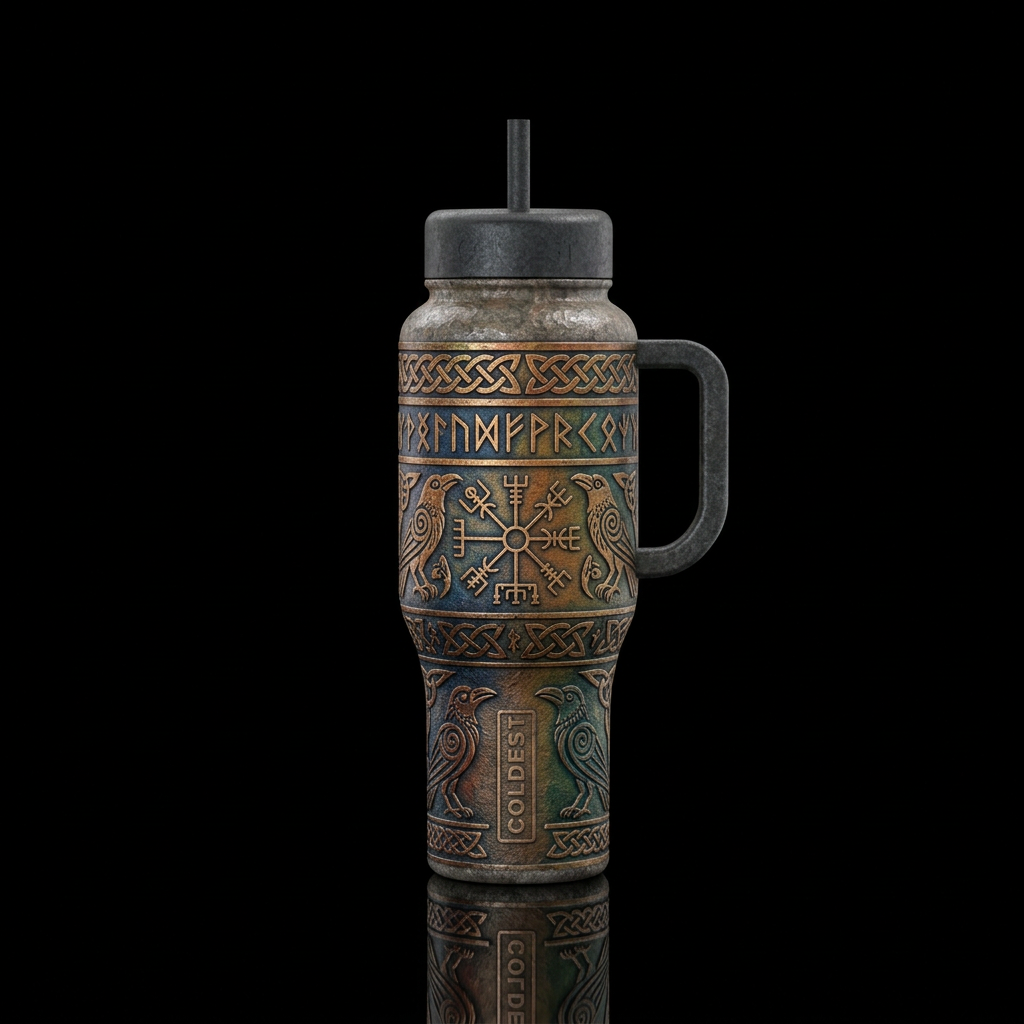Create a viking themed bottle, include runic symbo... water bottle design