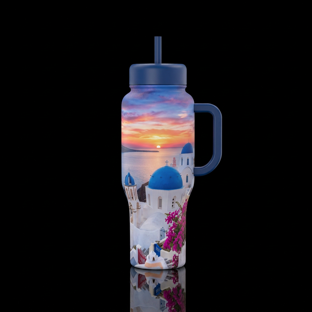 Create a bottle with a Santorini sunset, with a fu... water bottle design