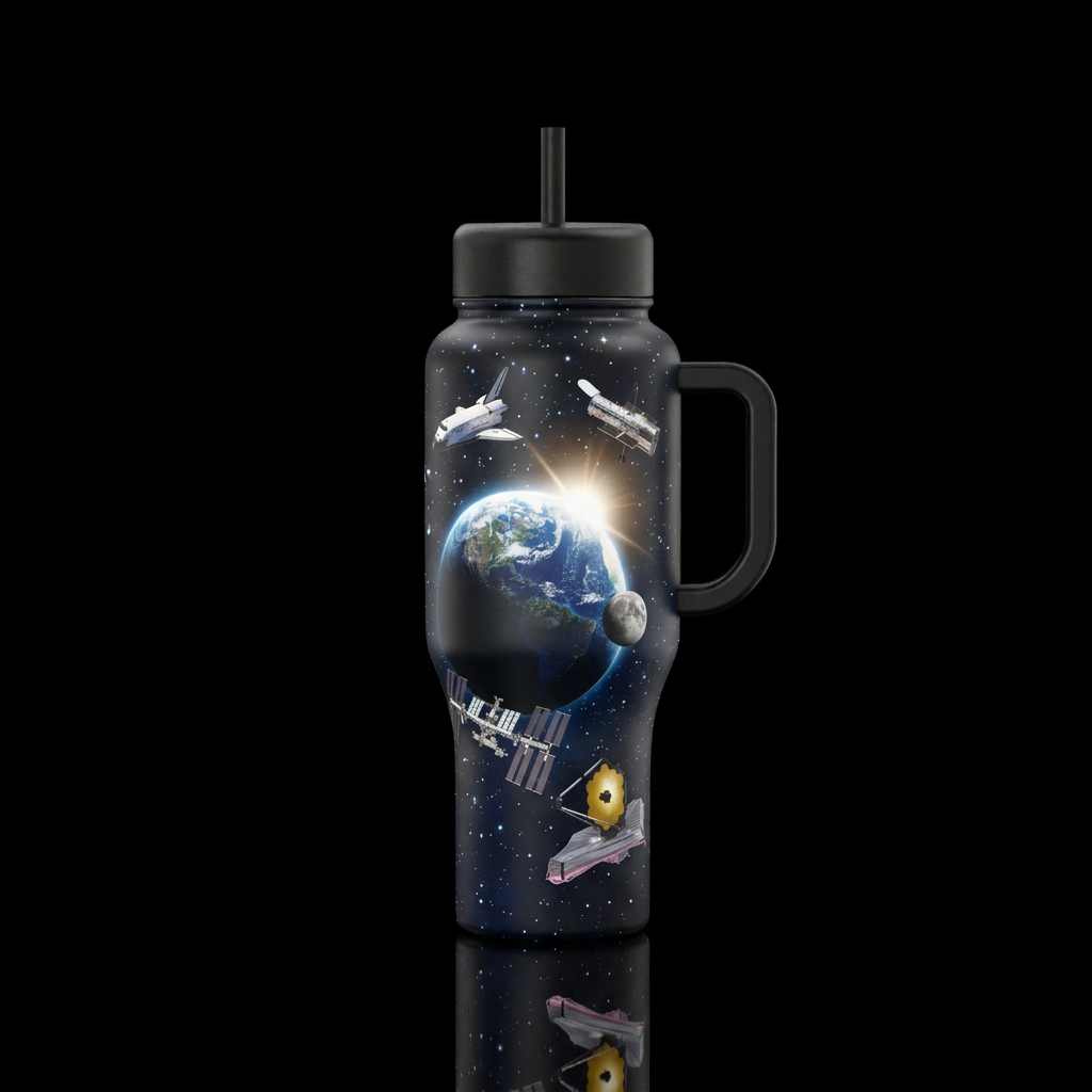 A view of the earth from space, with the sun illum... water bottle design