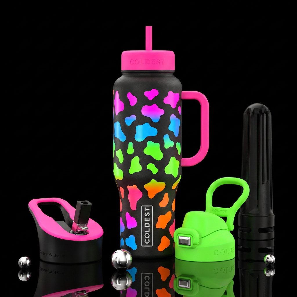 Black matte finish bottle  Neon cow spots. Bottle ... water bottle design