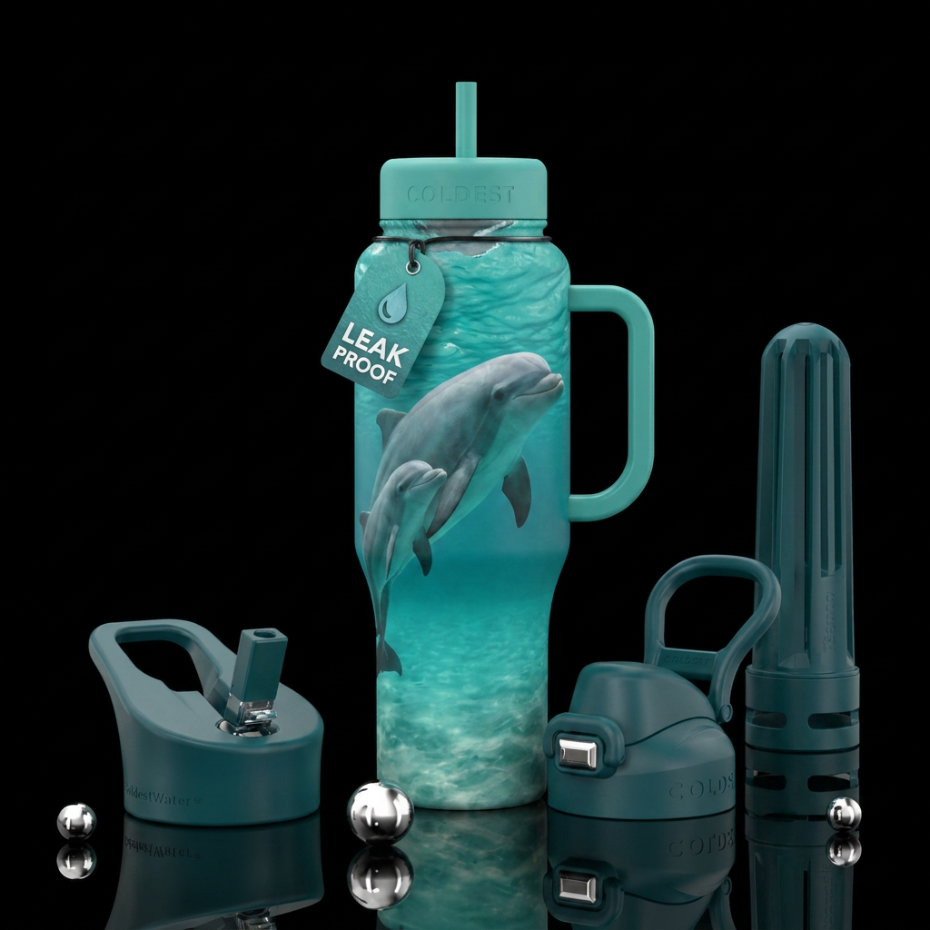 Teal aquamarine water swimming dolphin and baby water bottle design