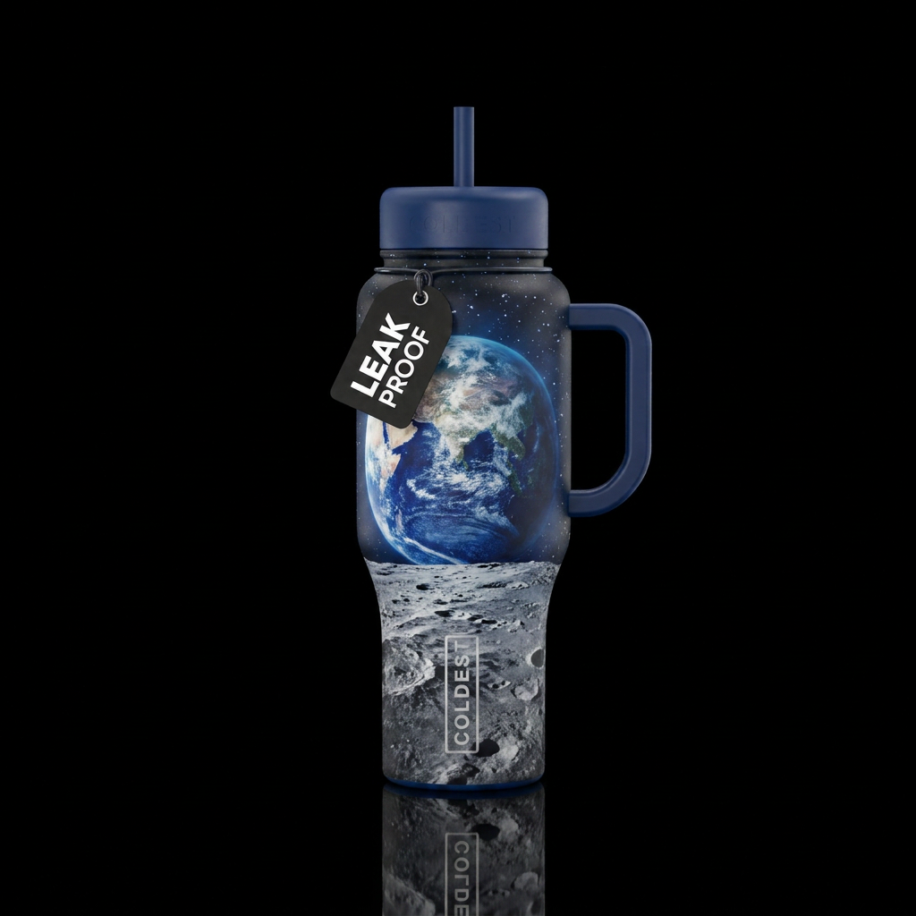 On The moon looking at earth water bottle design