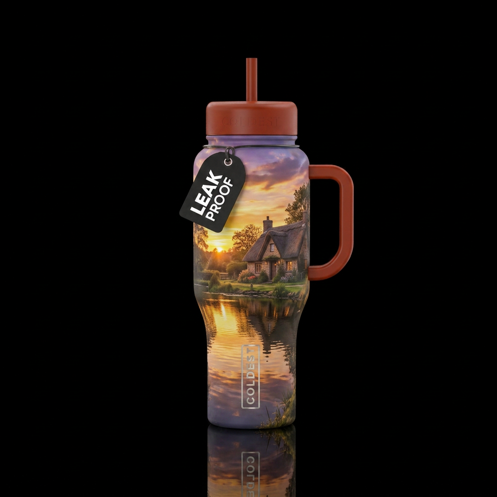 A cottage overlooking a pond with a beautiful suns... water bottle design