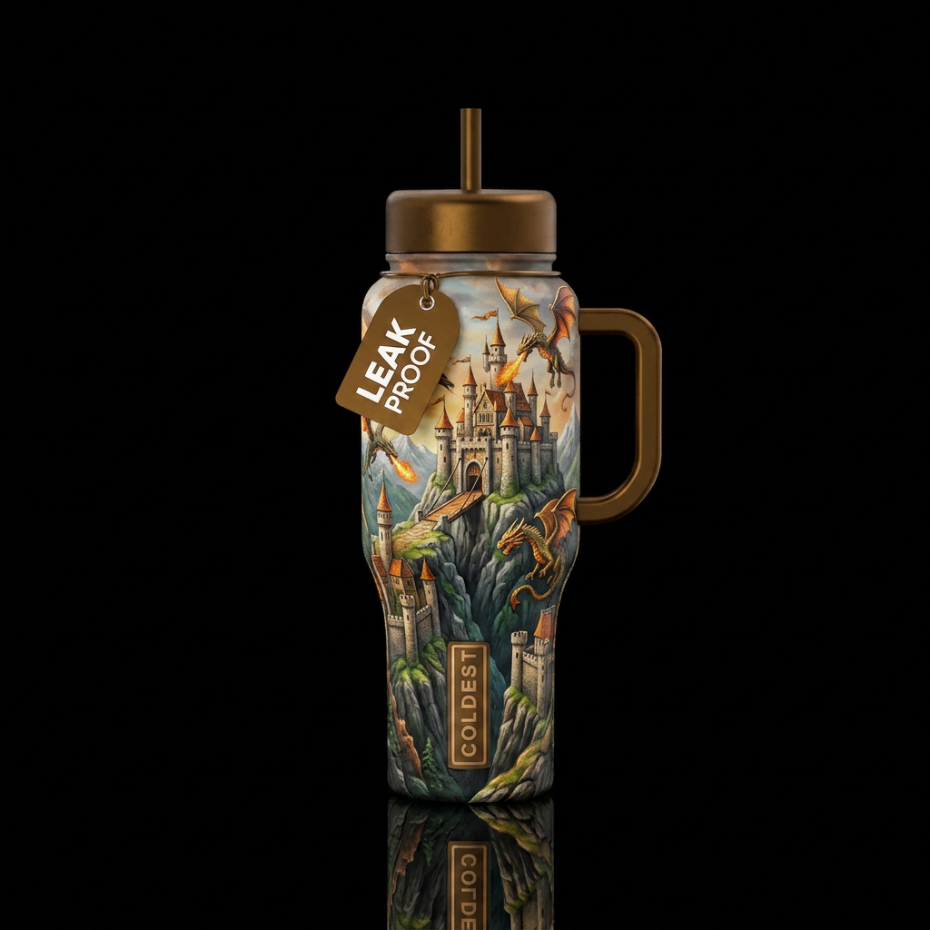 Medieval castle with drawbridge on top of a mounta... water bottle design