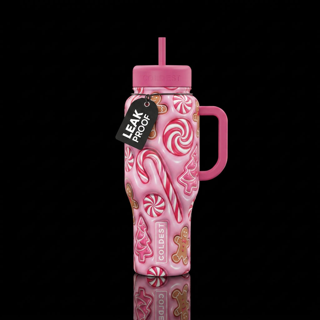 Pink and white candyland christmas water bottle design