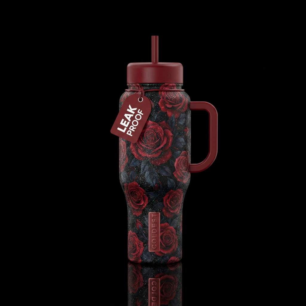 Deep reg roses with black midnight sparkling water bottle design