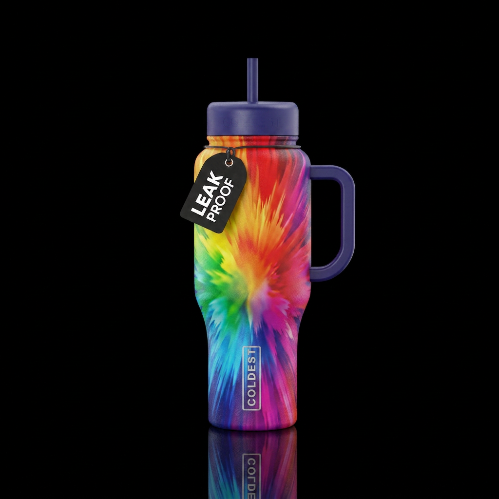 A rainbow burst of colors water bottle design