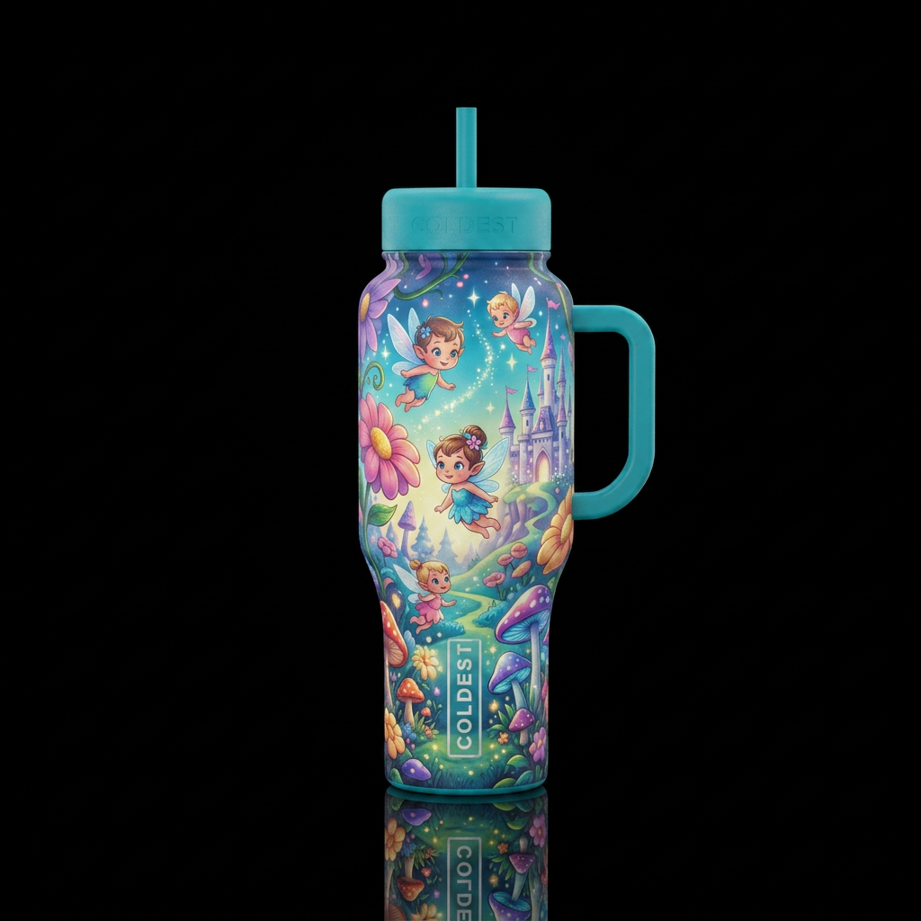 Cartoon fairy babies flying around a magical world... water bottle design