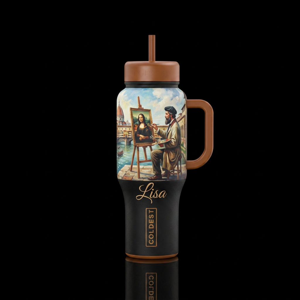 A painter paint8ng mona Lisa in a art easel with "... water bottle design