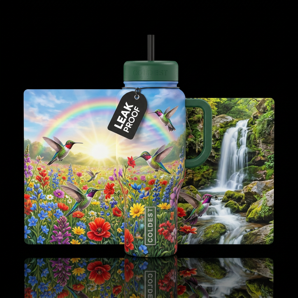 Colorful hummingbirds flying and eating off of flo... water bottle design