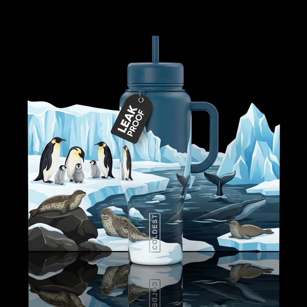 Penguins on the ice glacier with their babies, as ... water bottle design