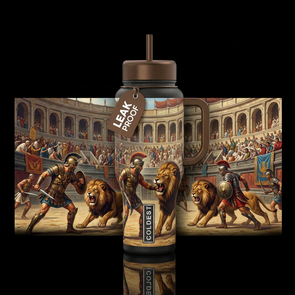 Gladiators in the coliseum fighting lions in front... water bottle design