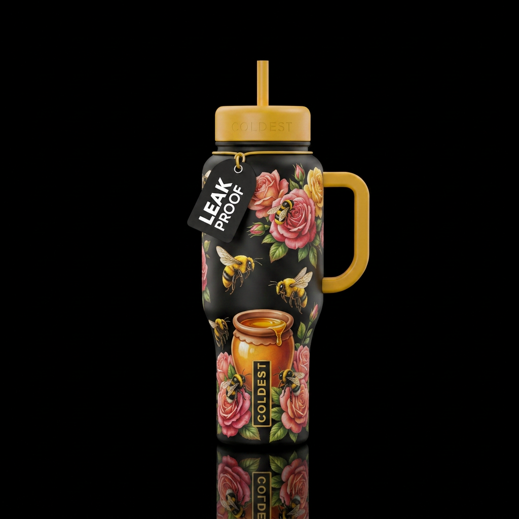 Yellow handle with bumble bees flying, sitting on ... water bottle design