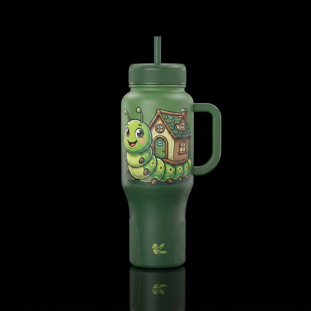 A green smiling Caterpillar  wirh big eyes and its... water bottle design