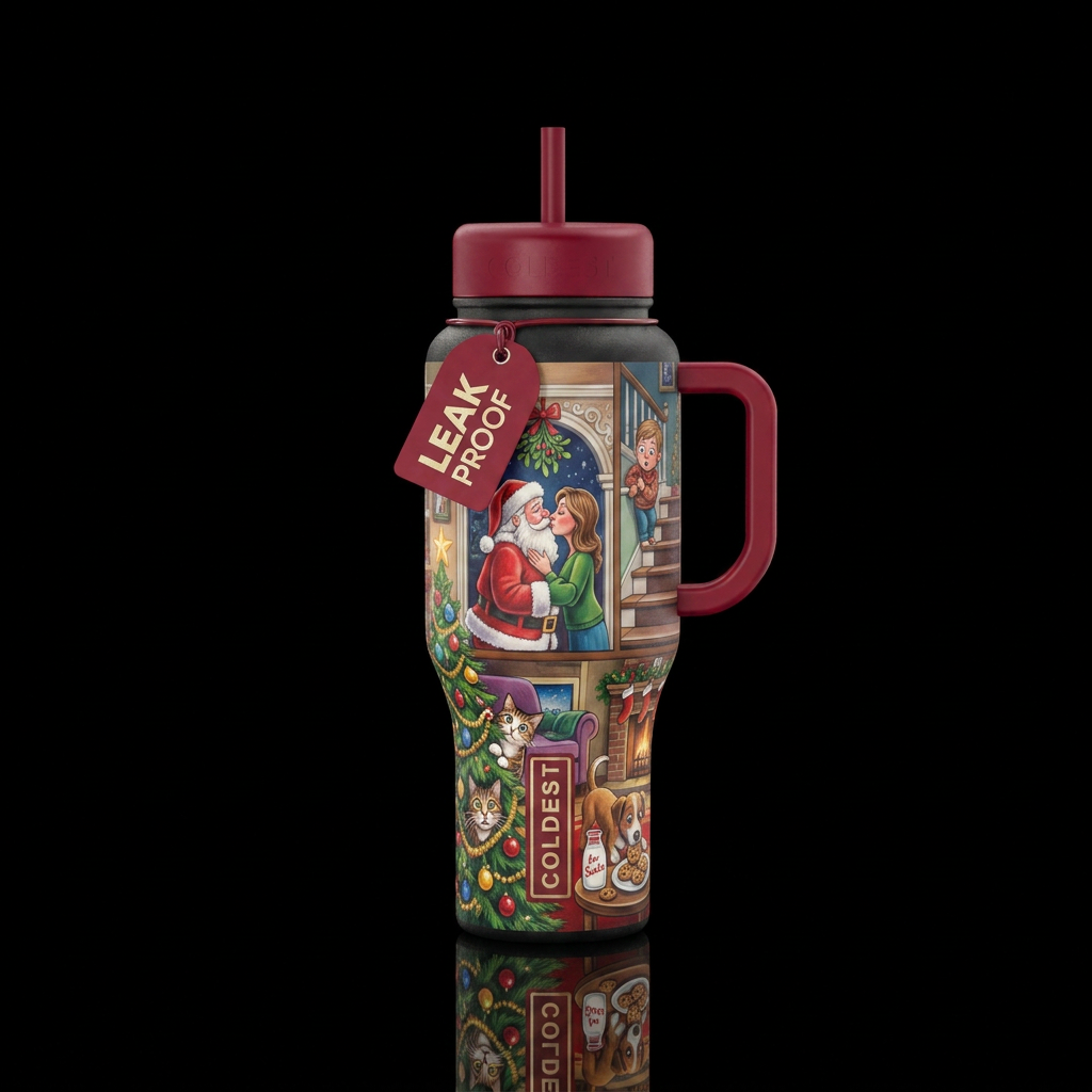Daddy dressed as santa, kissing mom, the cat insid... water bottle design