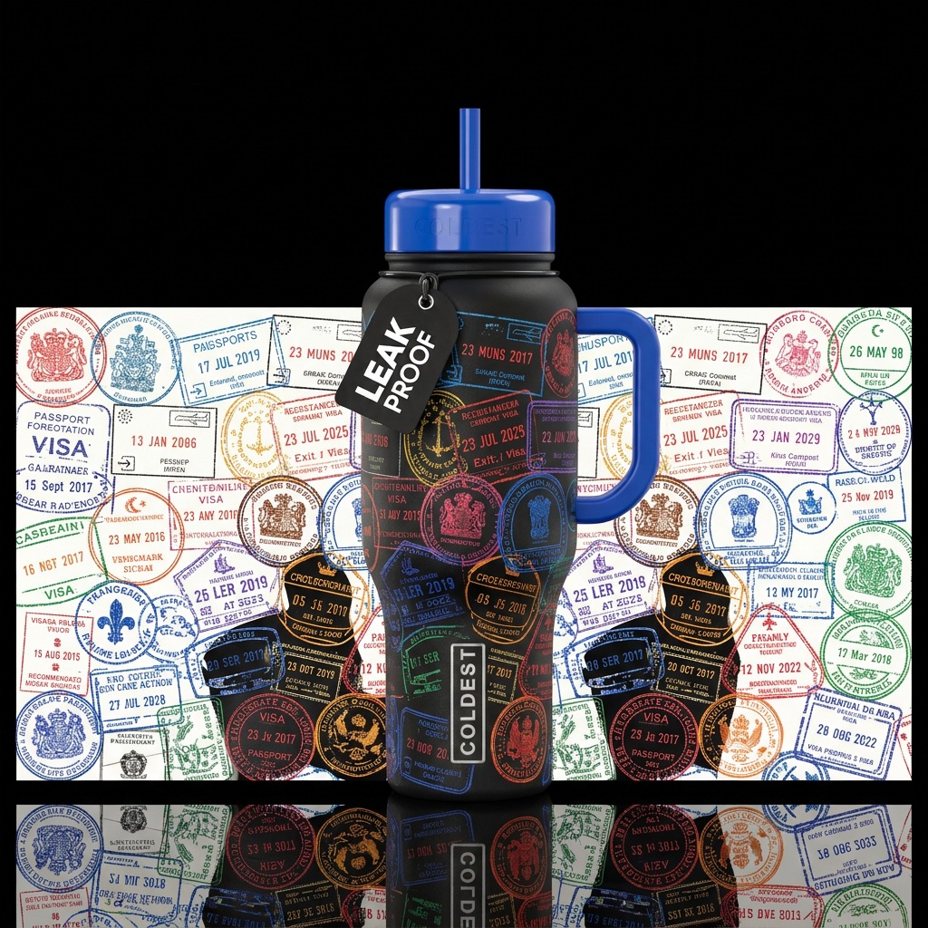 Stamps and passports from all over the world water bottle design