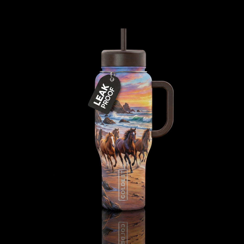 Wild horses running on the beach water bottle design