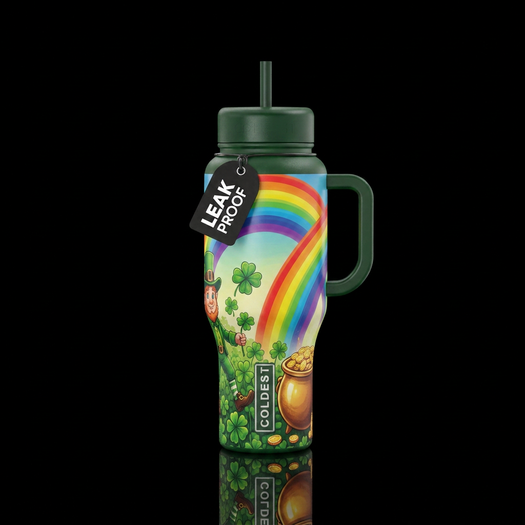 A double rainbow with a leprechaun walking in a fi... water bottle design