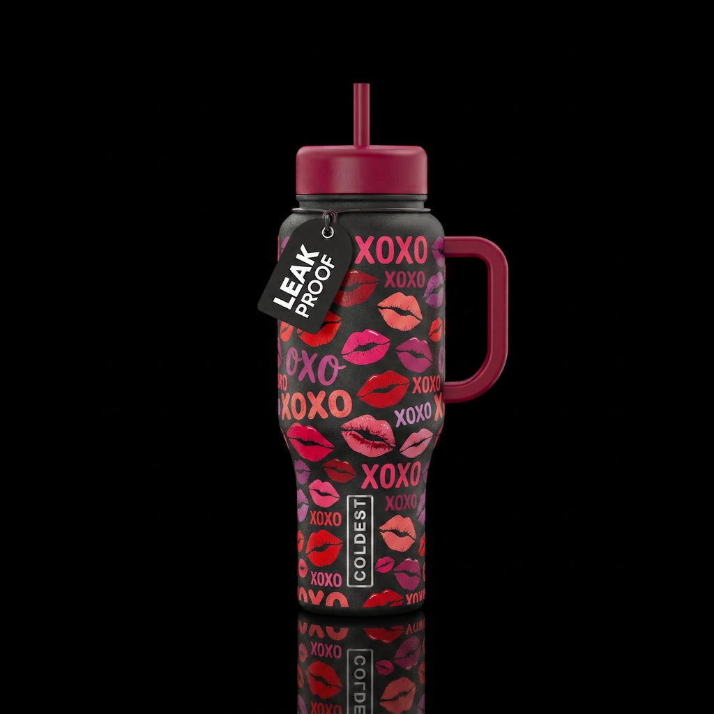 Kisses,  lips with lipstick,  xoxo signs.  All of ... water bottle design