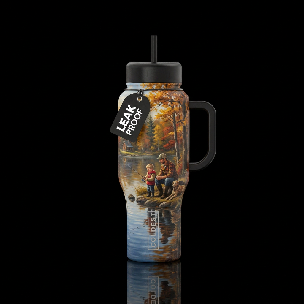 A small boy and dad fishing in a lake, boy catches... water bottle design