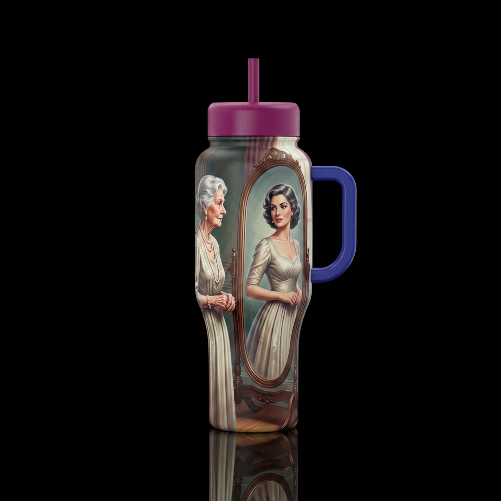 An elderly lady in pearls and a dress standing in ... water bottle design