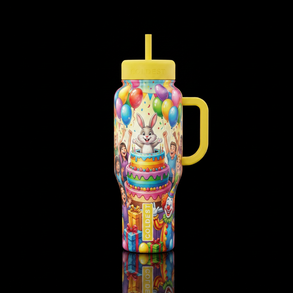 Birthday party with lots of balloons,  people, gif... water bottle design
