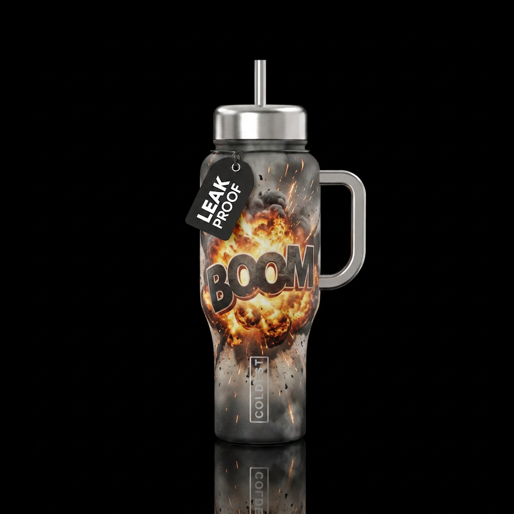 A big boom sign with fire, sparks and ashes flying... water bottle design