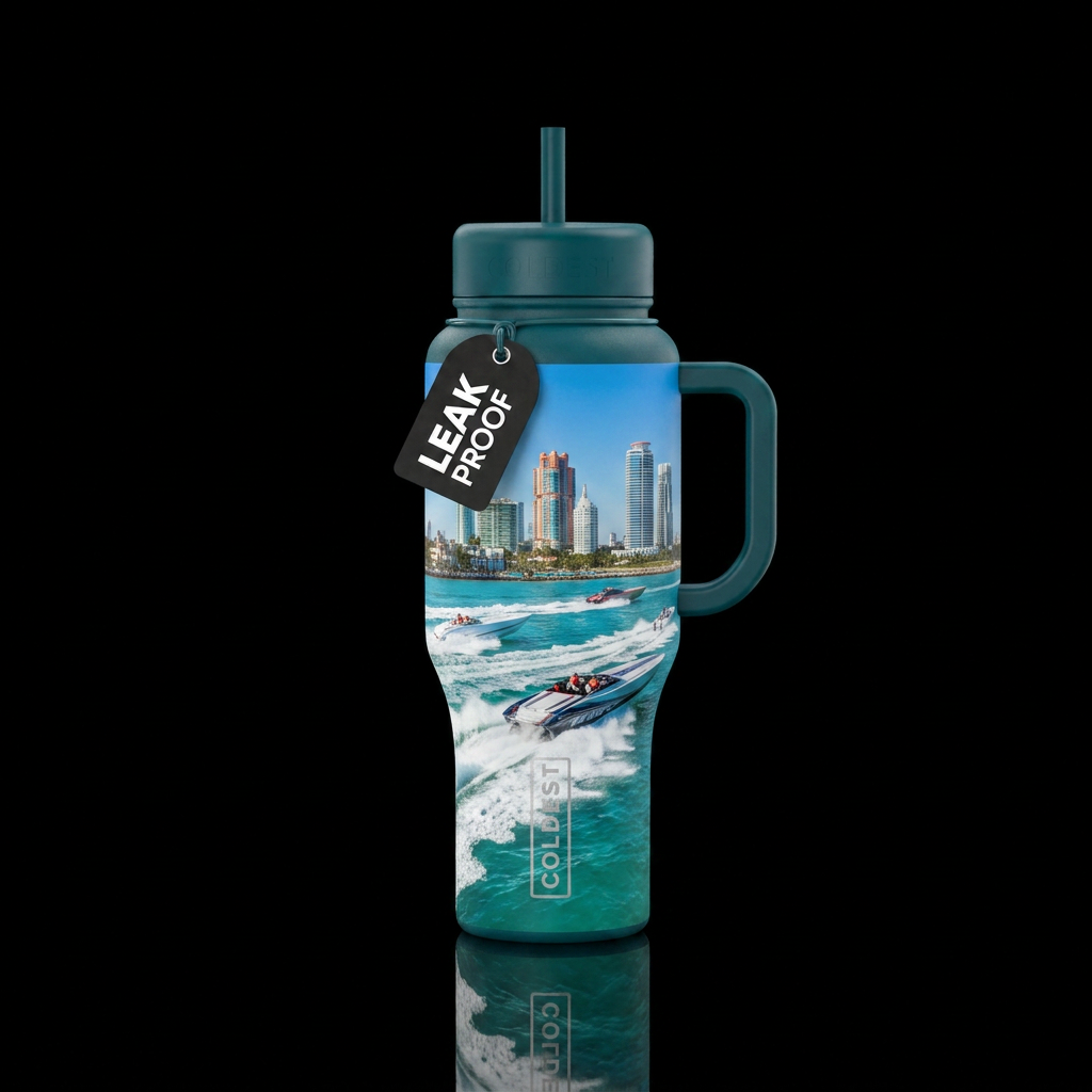 Speedboat races in miami water bottle design
