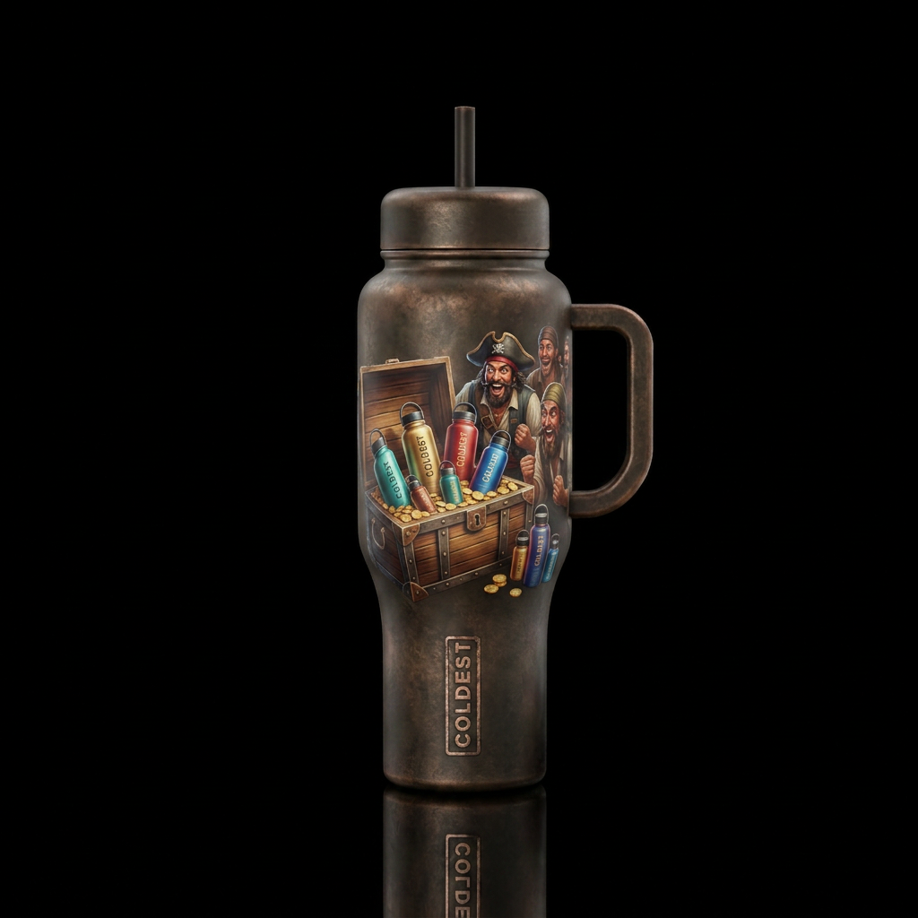 An old treasure chest open showing all coldest bot... water bottle design