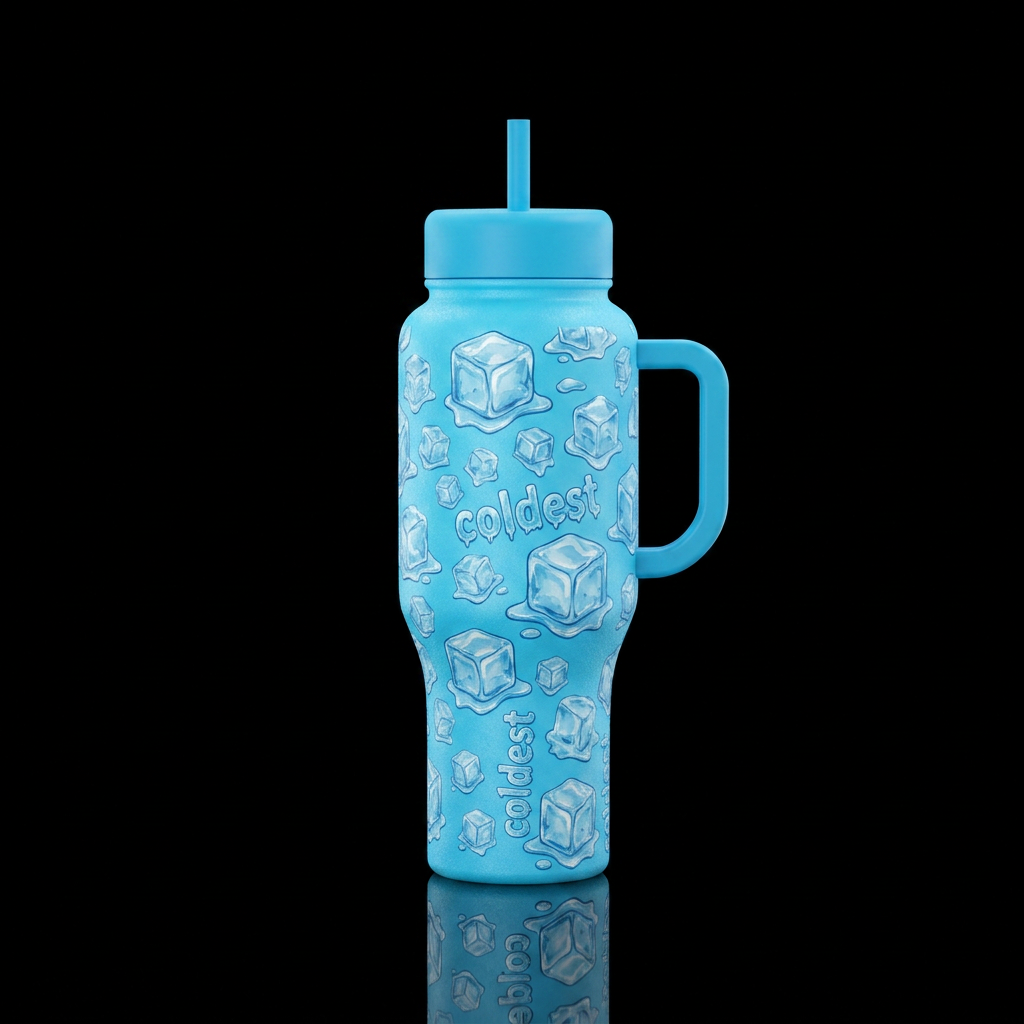 Ice cubes big and small melting, the cubes say "co... water bottle design