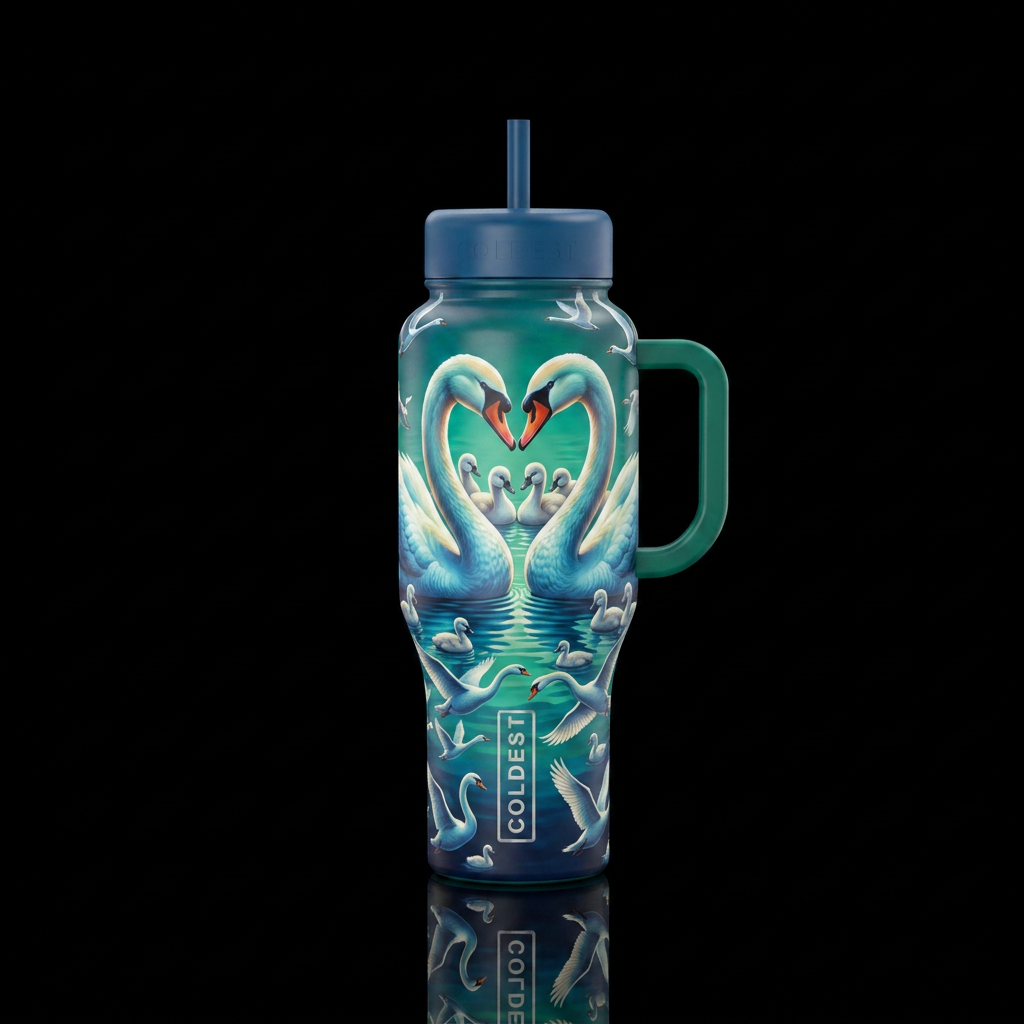 2 swans kissing with their bodies forming a heart,... water bottle design