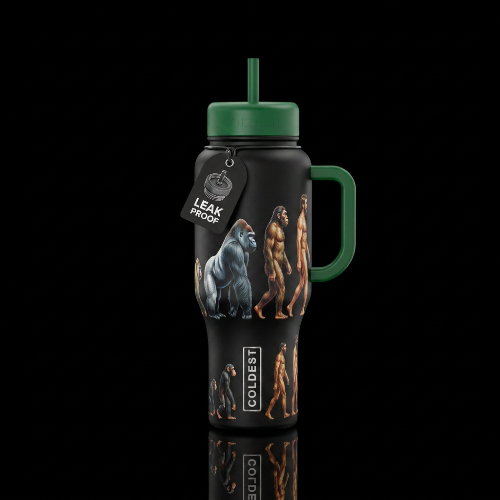 Evolution of the apes, start off as a chimp. Then ... water bottle design