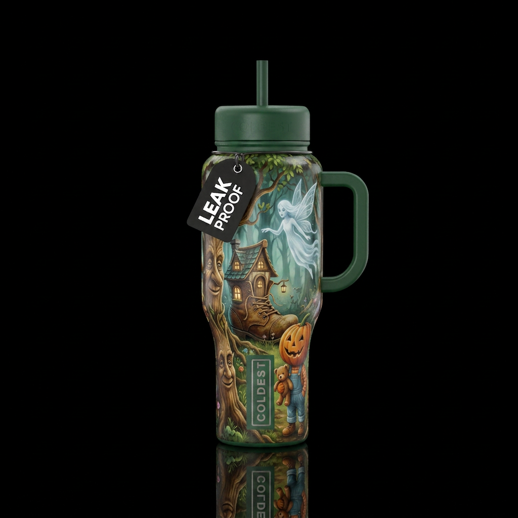 In this wonderland there are talking trees, house ... water bottle design