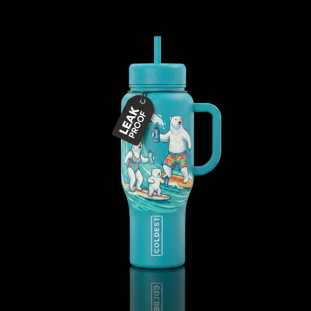 A father polar bear, mother polar bear and baby po... water bottle design