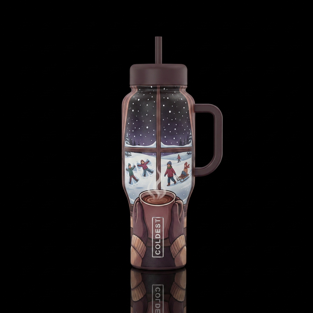 Looking outside on a winter night, watching snowfl... water bottle design