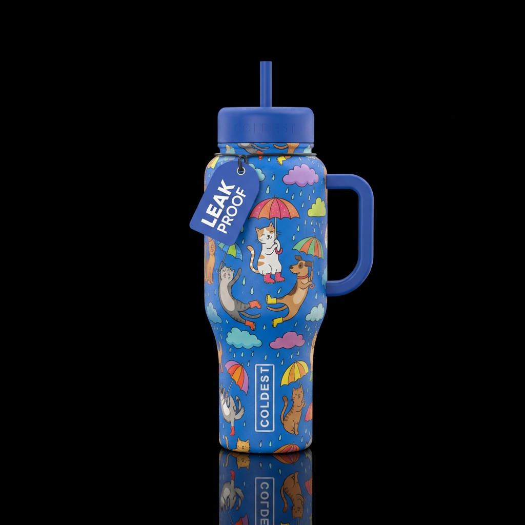 Its raining cats and dogs water bottle design