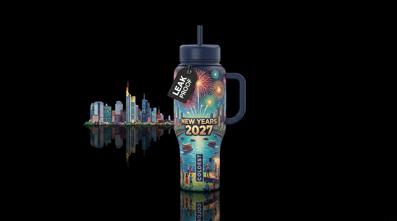 New years 2027 in a a big city with fireworks on t... water bottle design