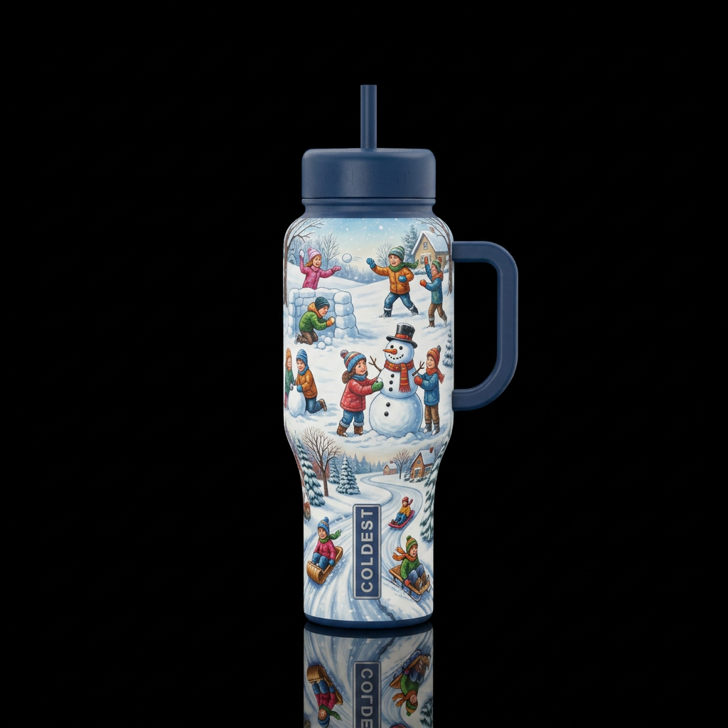 Children having snowball fights, making snowmen, s... water bottle design