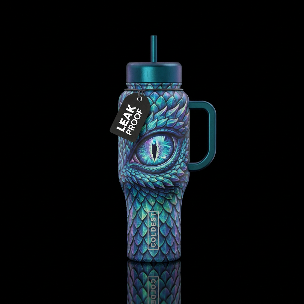 A large dragon eye with scales around it , and in ... water bottle design