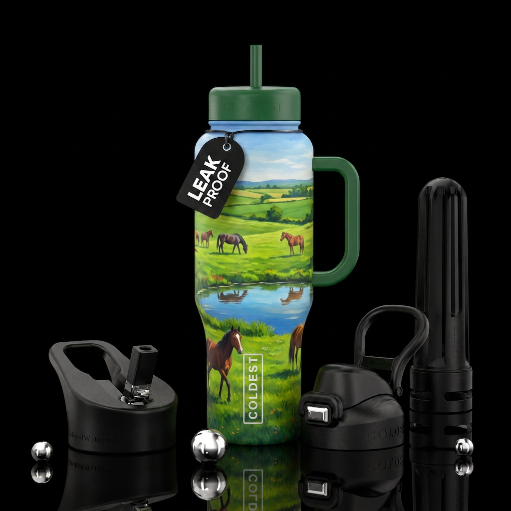 Horses, pond, fields water bottle design