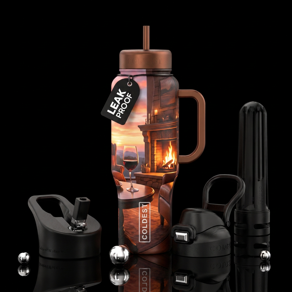 Table, glass of wine, fireplace, chairs sunset water bottle design