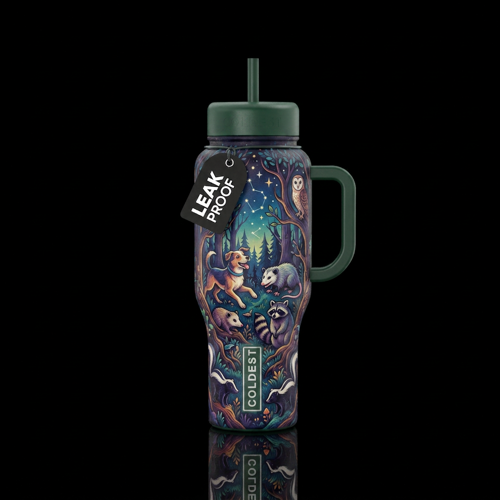dog opossum racoon skunk owl tree stars water bottle design