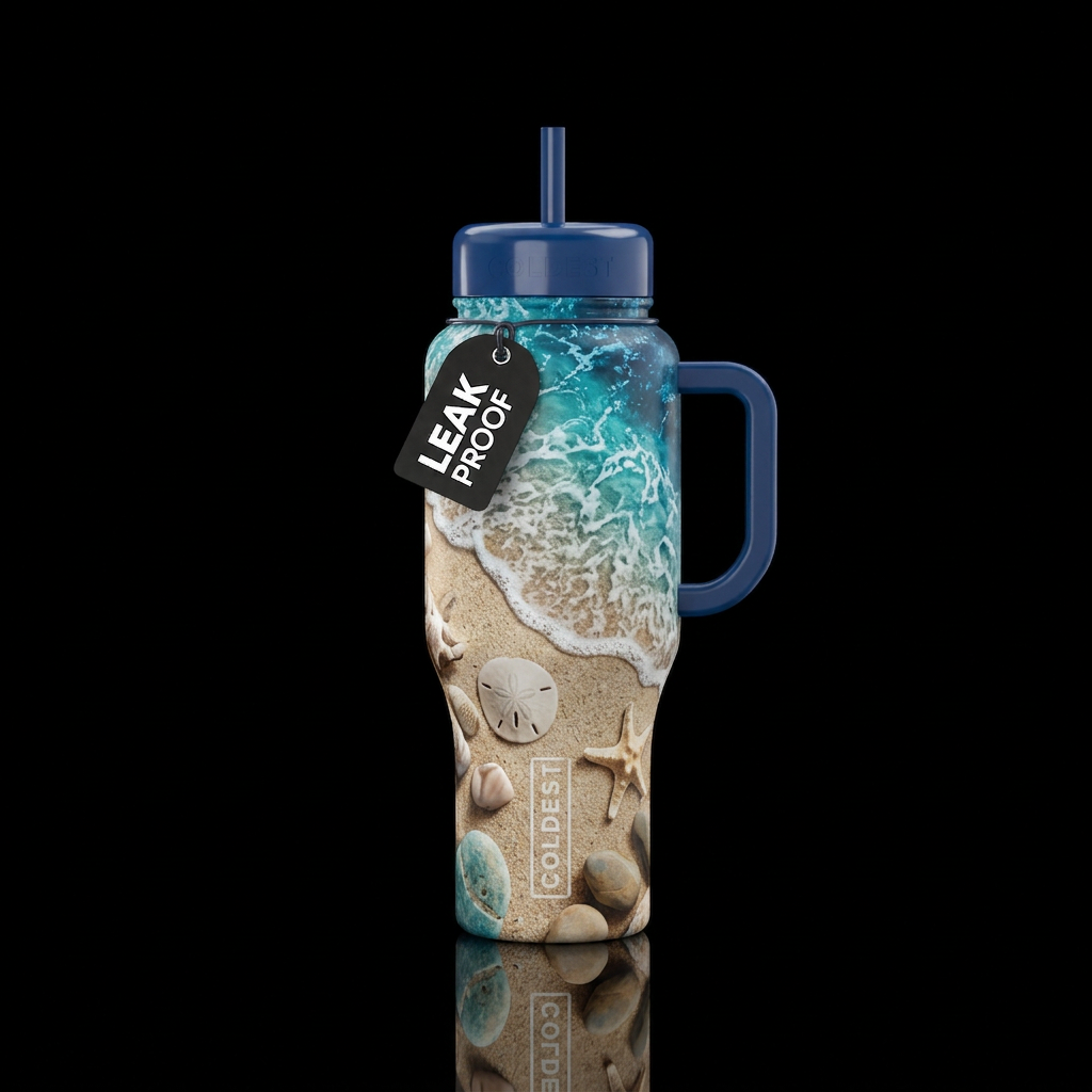Beach with sand dollars, starfish rock and waves water bottle design