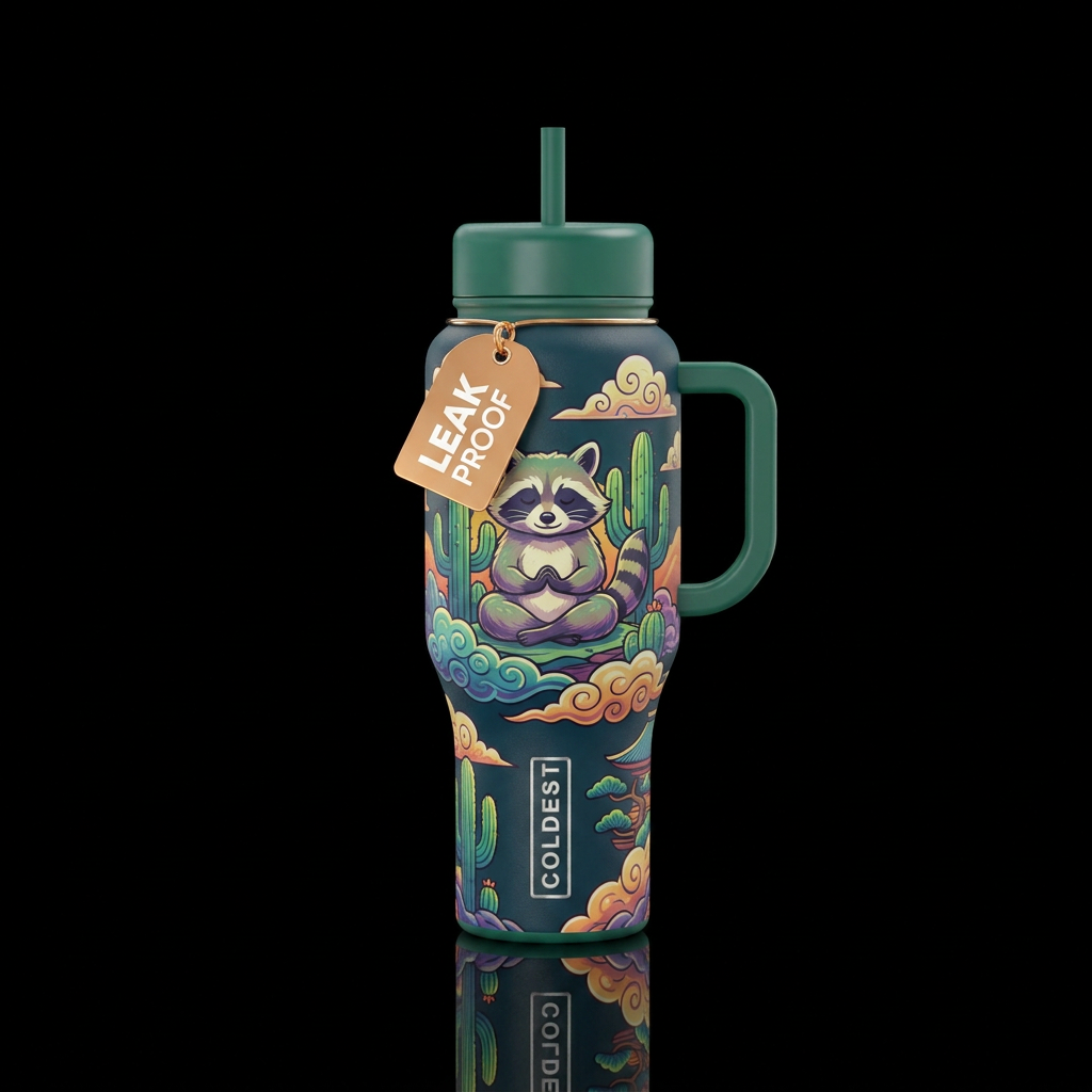 Cactus raccoon, zen, clouds water bottle design