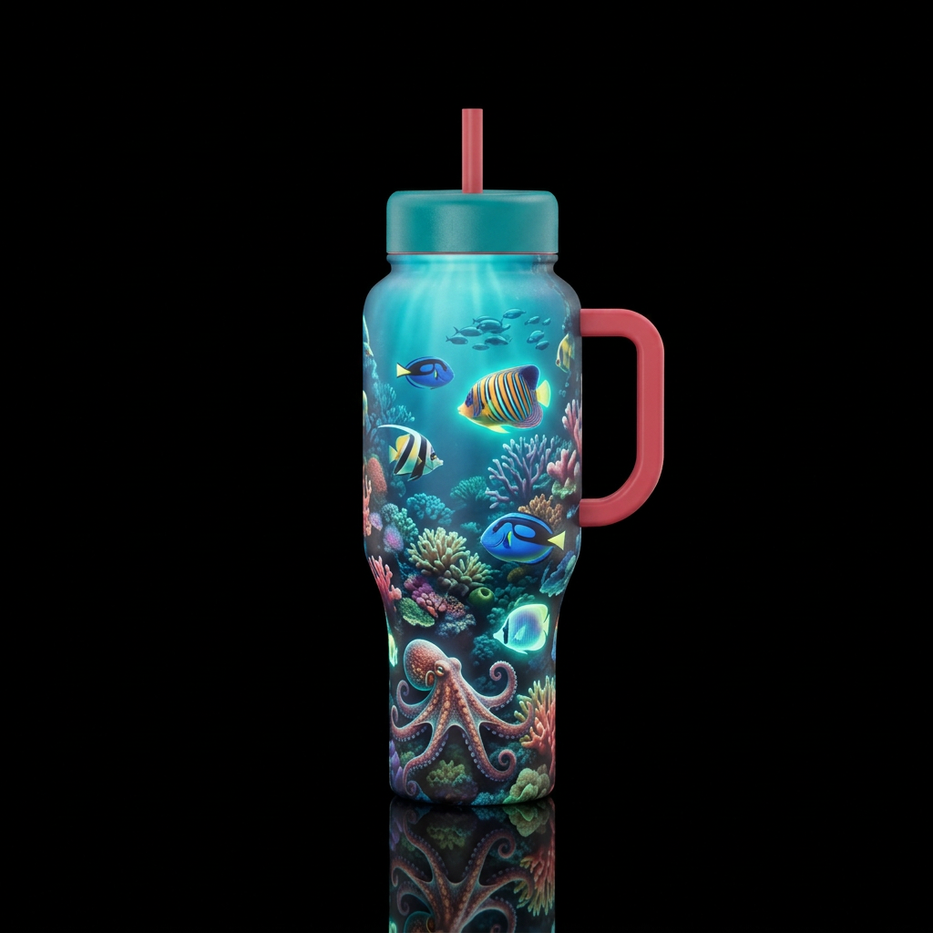 Underwater, coral, fish, octopus, glowie water bottle design
