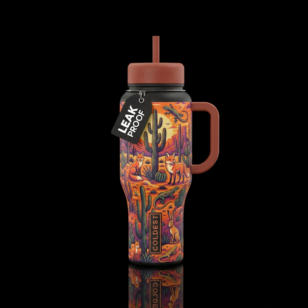 Desert, cacti, sun animals water bottle design