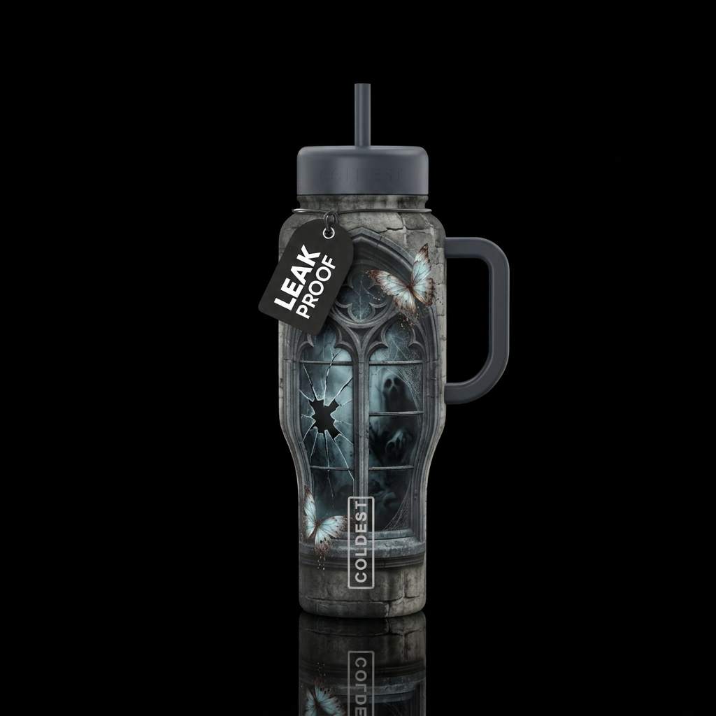 Window, cracked, butterfly, haunted water bottle design